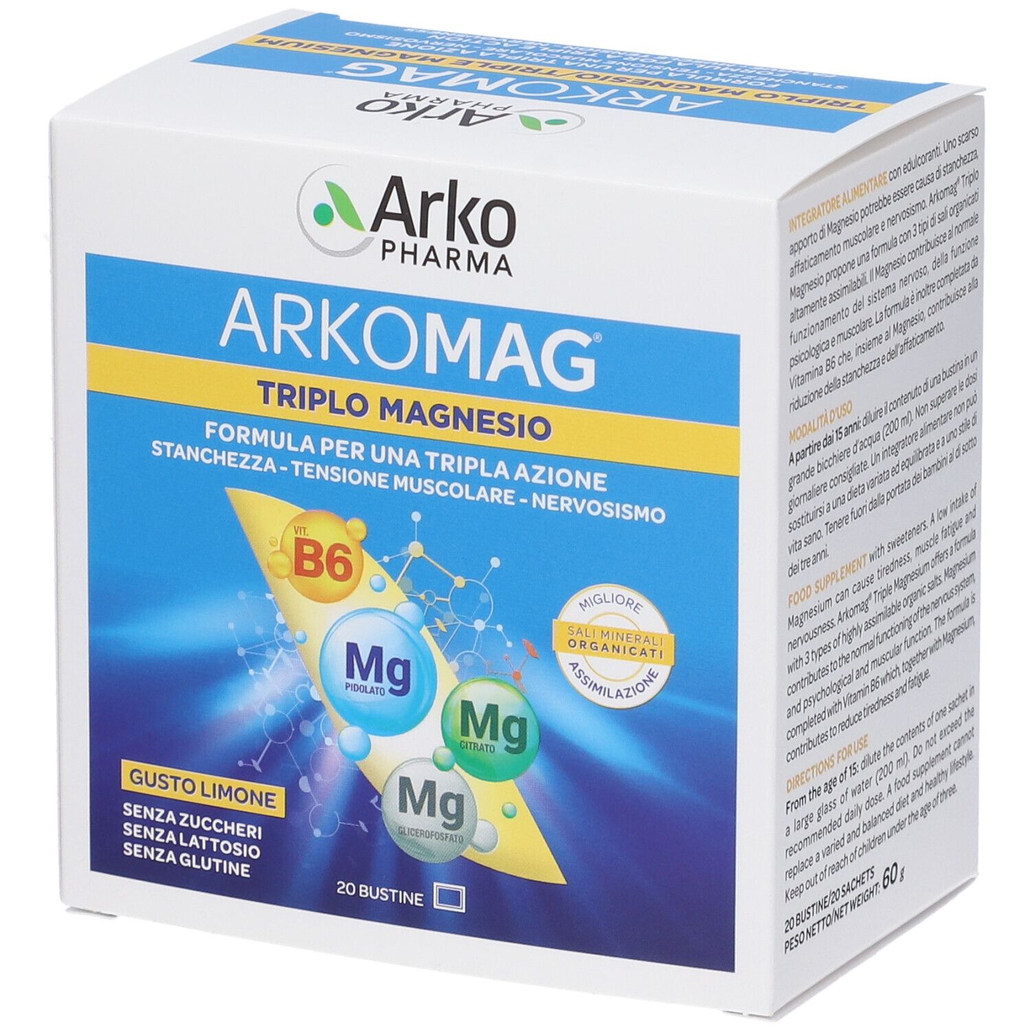 ArkoMag Triplo Magnesio-Schachtel. Aufschrift: Triple Magnesium, Zitrone, 20 Sachets. Enthält B6 und Magnesium. Detailansicht.