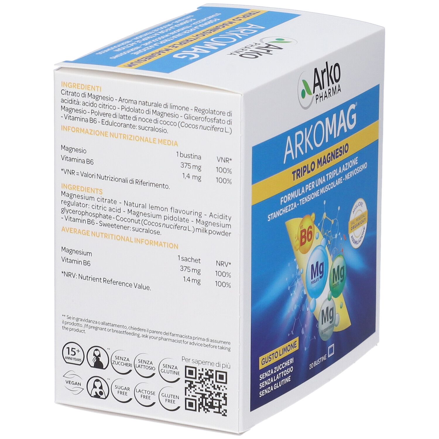 ArkoMag Triplo Magnesio-Schachtel, Seitenansicht. Text: Triple Magnesium, Zitrone, 20 Sachets. Enthält B6 und Magnesium.