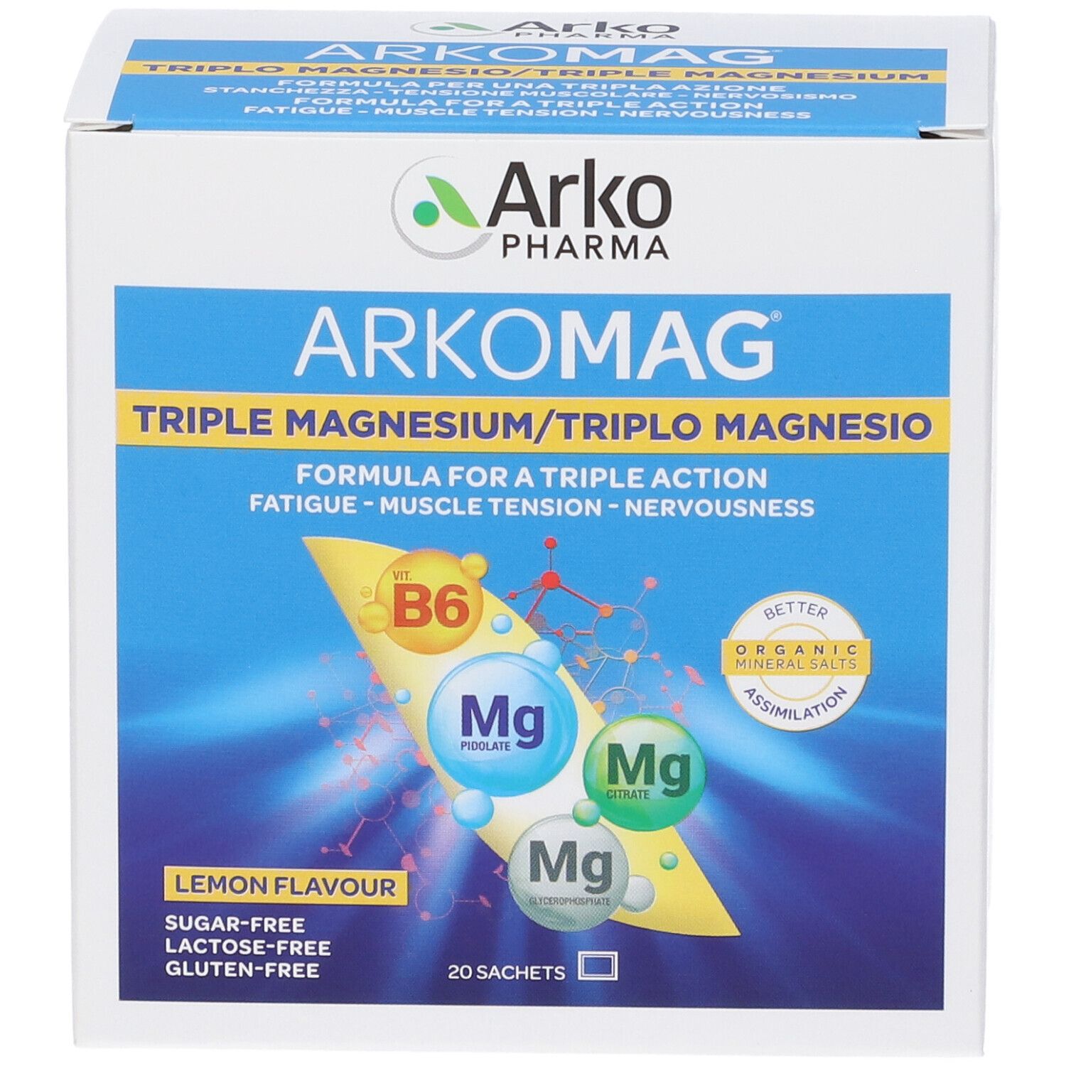 ArkoMag Triplo Magnesio-Schachtel. Aufschrift: Triple Magnesium, Zitrone, 20 Sachets. Enthält B6 und Magnesium.