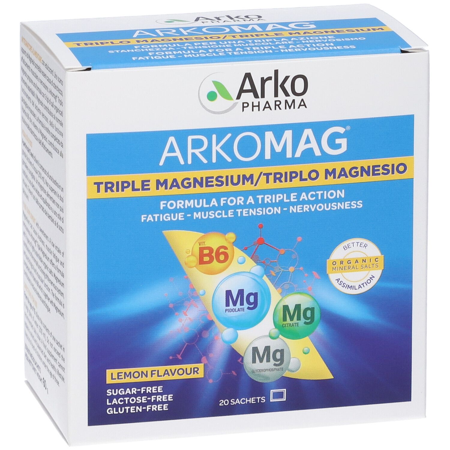 ArkoMag Triplo Magnesio-Schachtel. Aufschrift: Triple Magnesium, Zitrone, 20 Sachets. Enthält B6 und Magnesium.