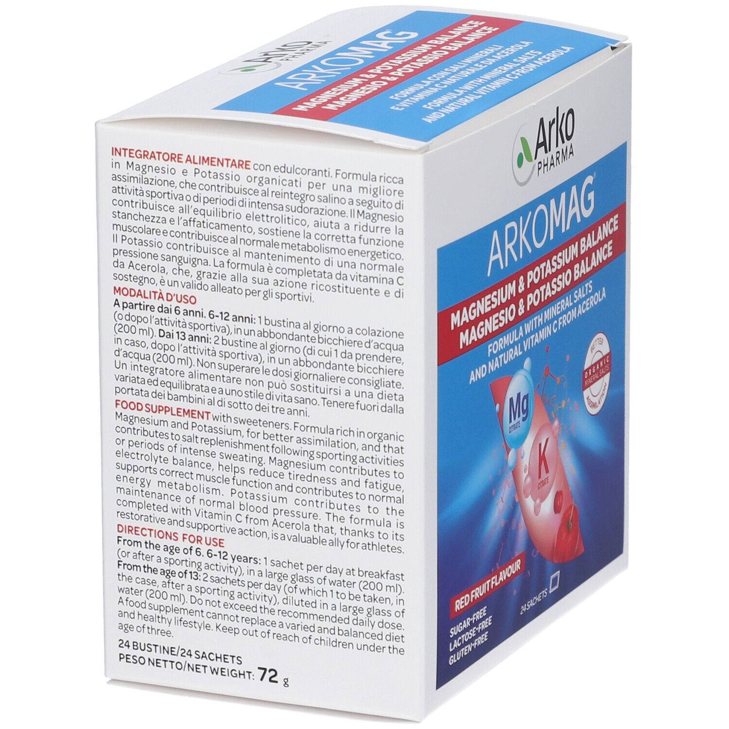 ArkoMag-Verpackung. Enthält 24 Beutel. Magnesium- und Kalium-Balance. Rote Früchte Geschmack. Text auf der Verpackung.