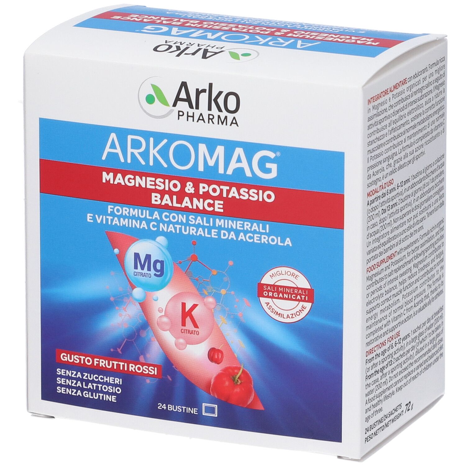 ArkoMag-Verpackung. Enthält 24 Beutel. Magnesium- und Kalium-Balance. Rote Früchte Geschmack. Text auf der Verpackung.