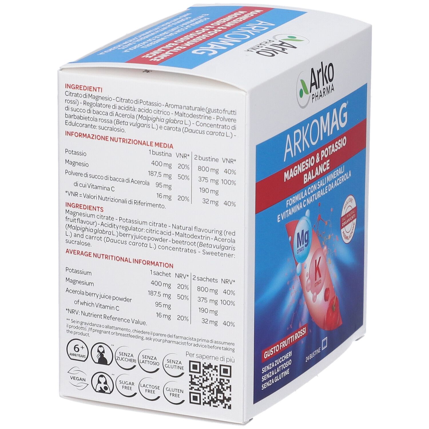 ArkoMag-Verpackung. Enthält 24 Beutel. Magnesium- und Kalium-Balance. Rote Früchte Geschmack. Text auf der Verpackung.