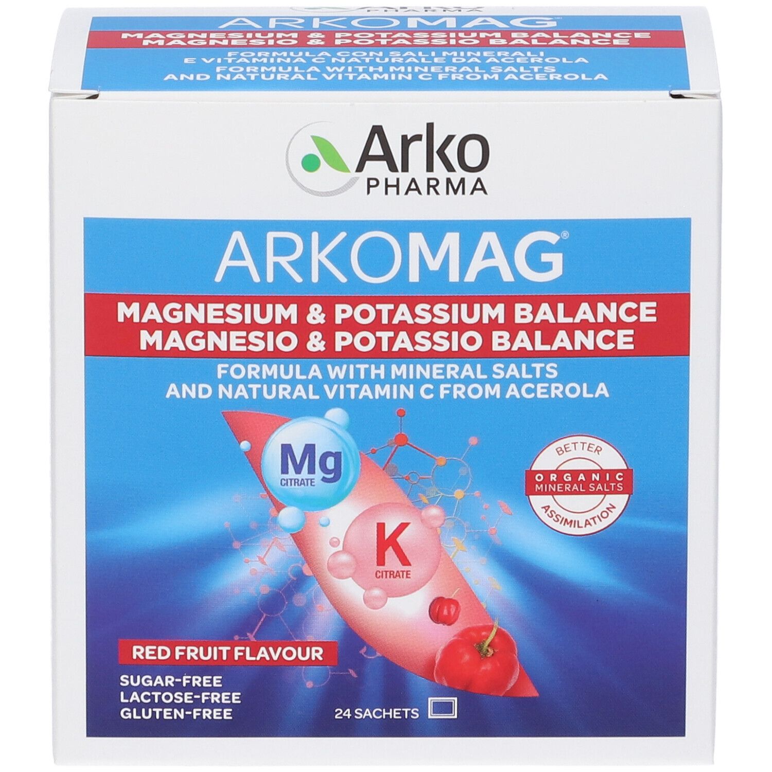 ArkoMag-Verpackung. Enthält 24 Beutel. Magnesium- und Kalium-Balance. Rote Früchte Geschmack. Zucker-, Laktose- und Glutenfrei.