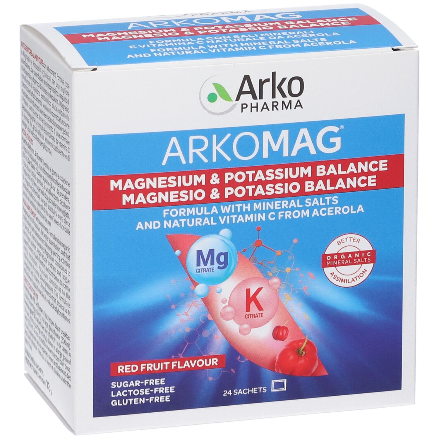 ArkoMag-Verpackung. Enthält 24 Beutel. Magnesium- und Kalium-Balance. Rote Früchte Geschmack. Zucker-, Laktose- und Glutenfrei.