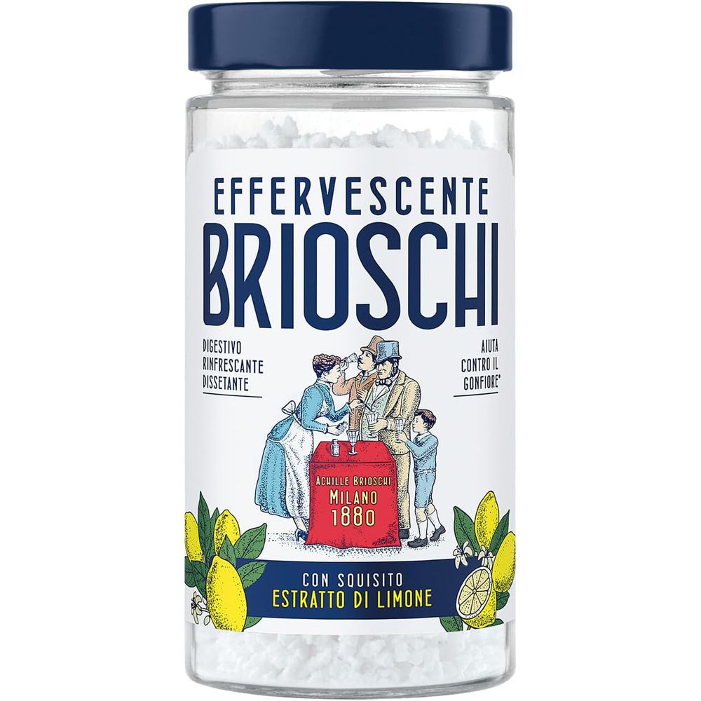 Vaso in vetro con granulato Effervescente Brioschi, gusto limone. Vista frontale.