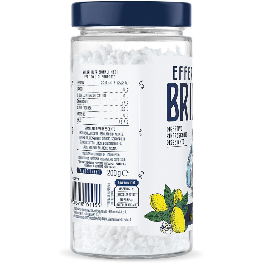 Vaso in vetro con granulato Effervescente Brioschi, gusto limone. Vista posteriore con informazioni nutrizionali.