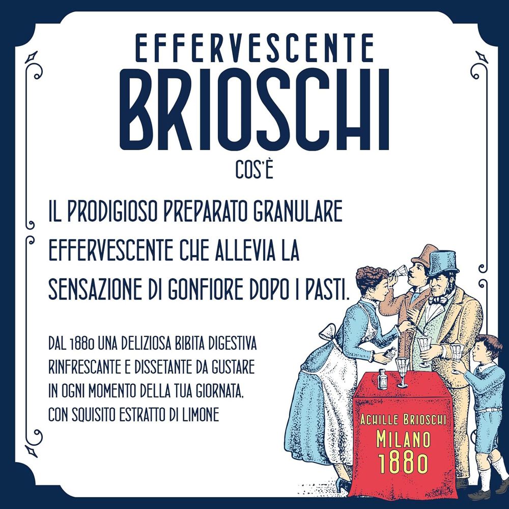 Confezione di granulato Effervescente Brioschi gusto limone. Illustrazione storica.