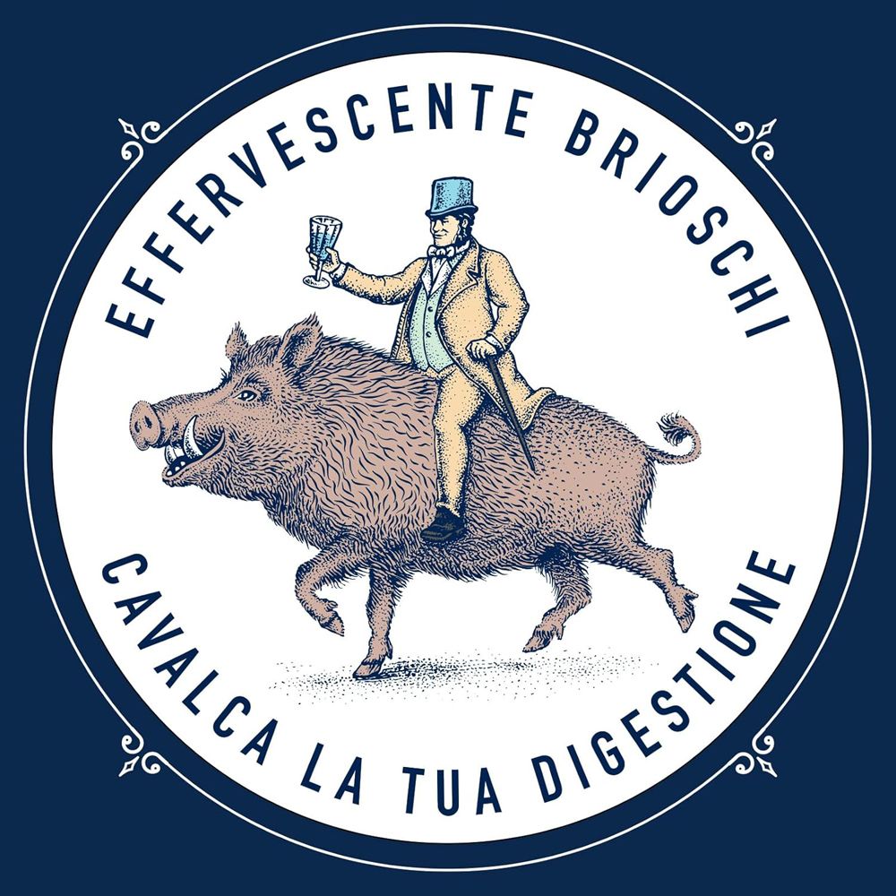 Logo Effervescente Brioschi con illustrazione di un uomo su un cinghiale.
