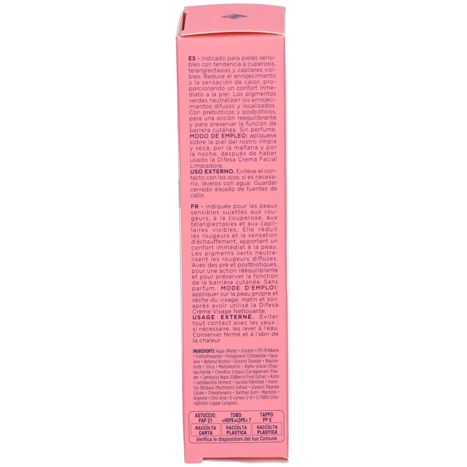 Verpackung mit Textinformationen auf Spanisch und Französisch.
