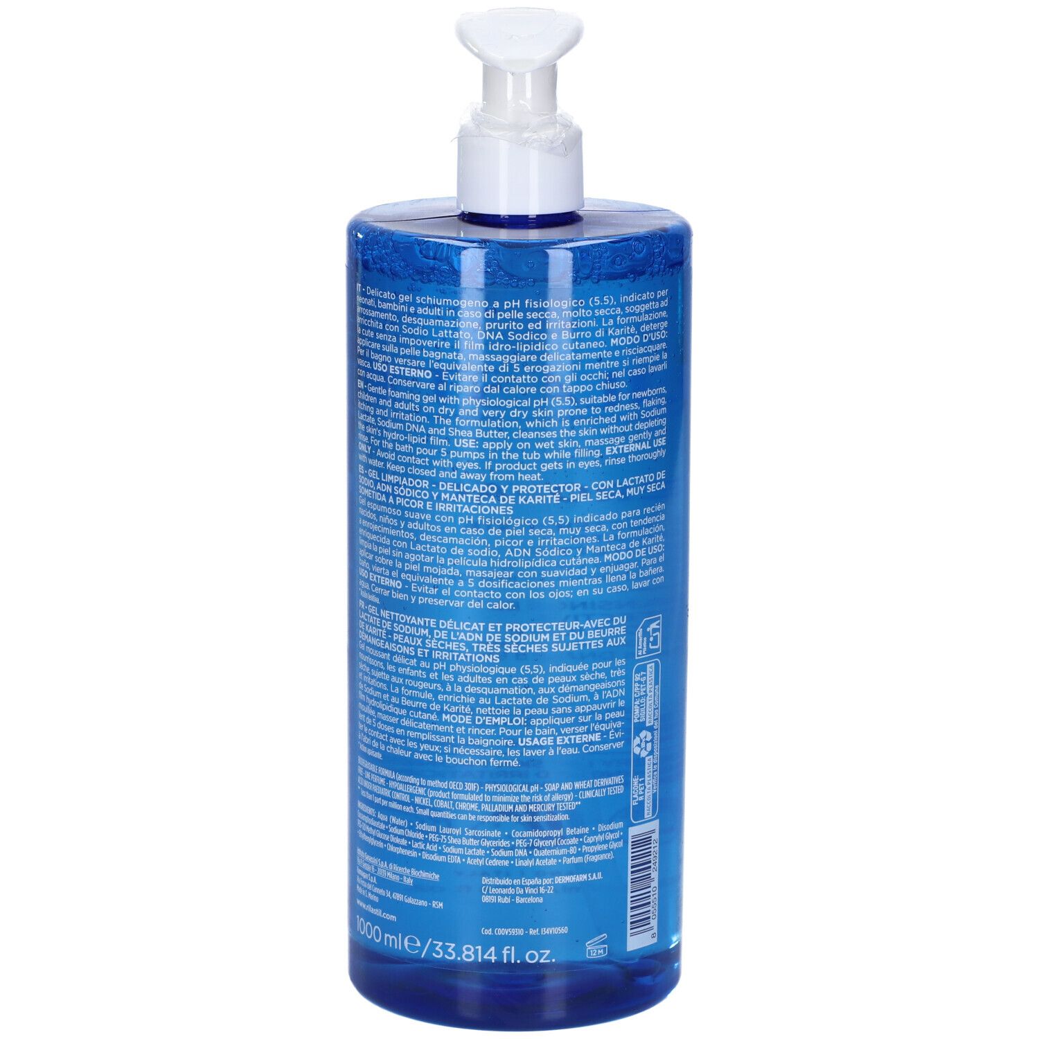 Blauer Spender mit weißem Pumpspender, 1000ml.