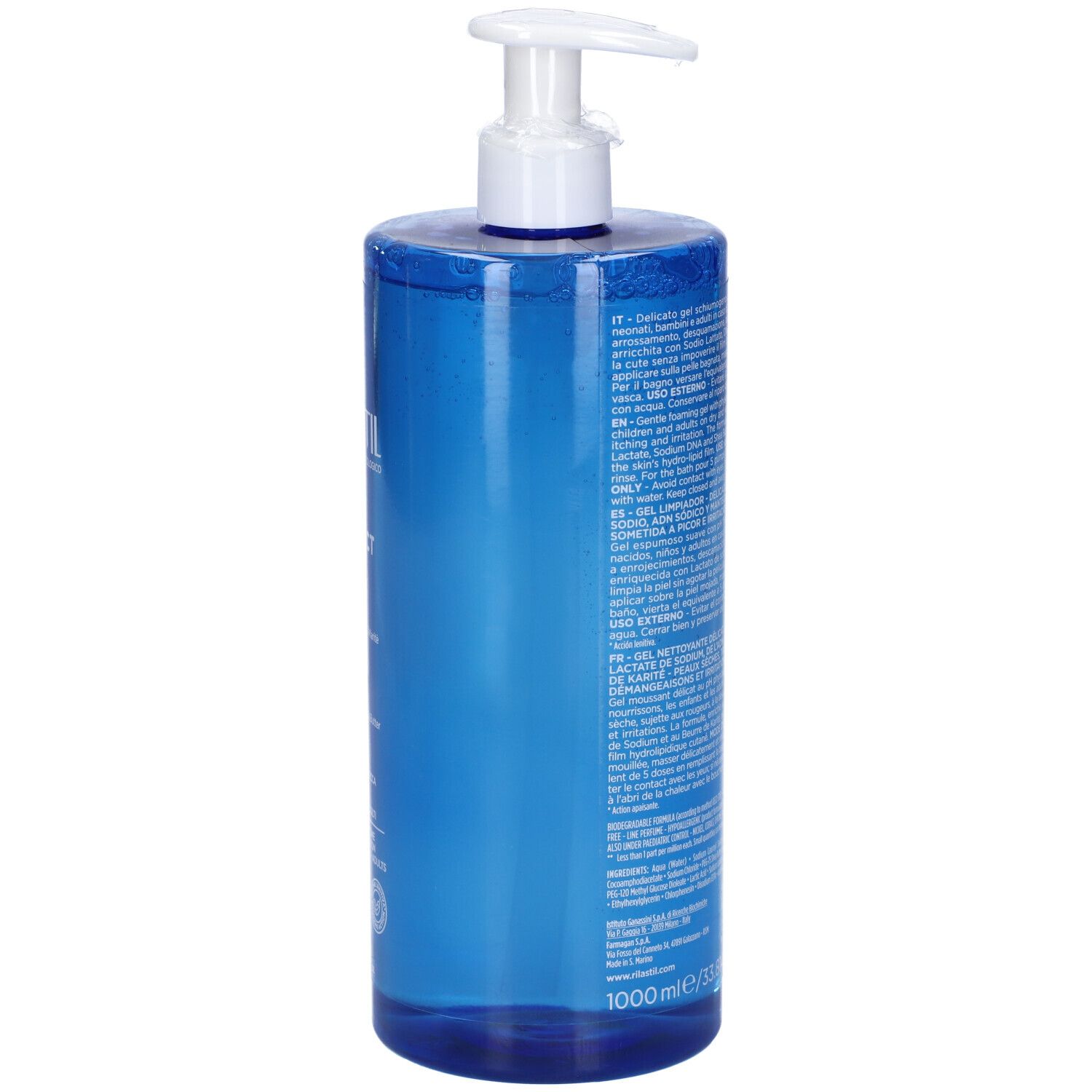 Blaue Pumpflasche mit durchsichtigem Gel, 1000 ml.