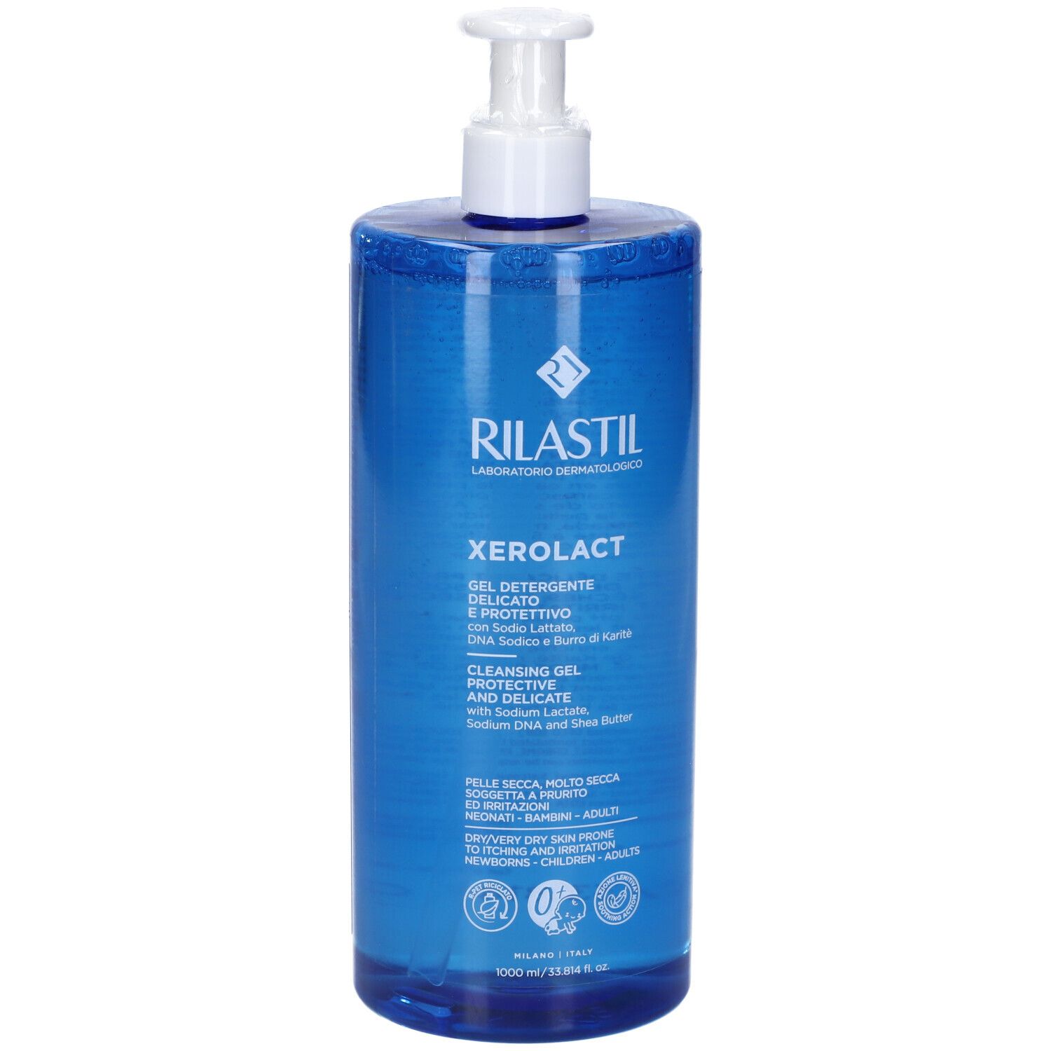 Rilastil Xerolact Reinigungs-Gel in einem blauen Pumpspender. 1000ml.