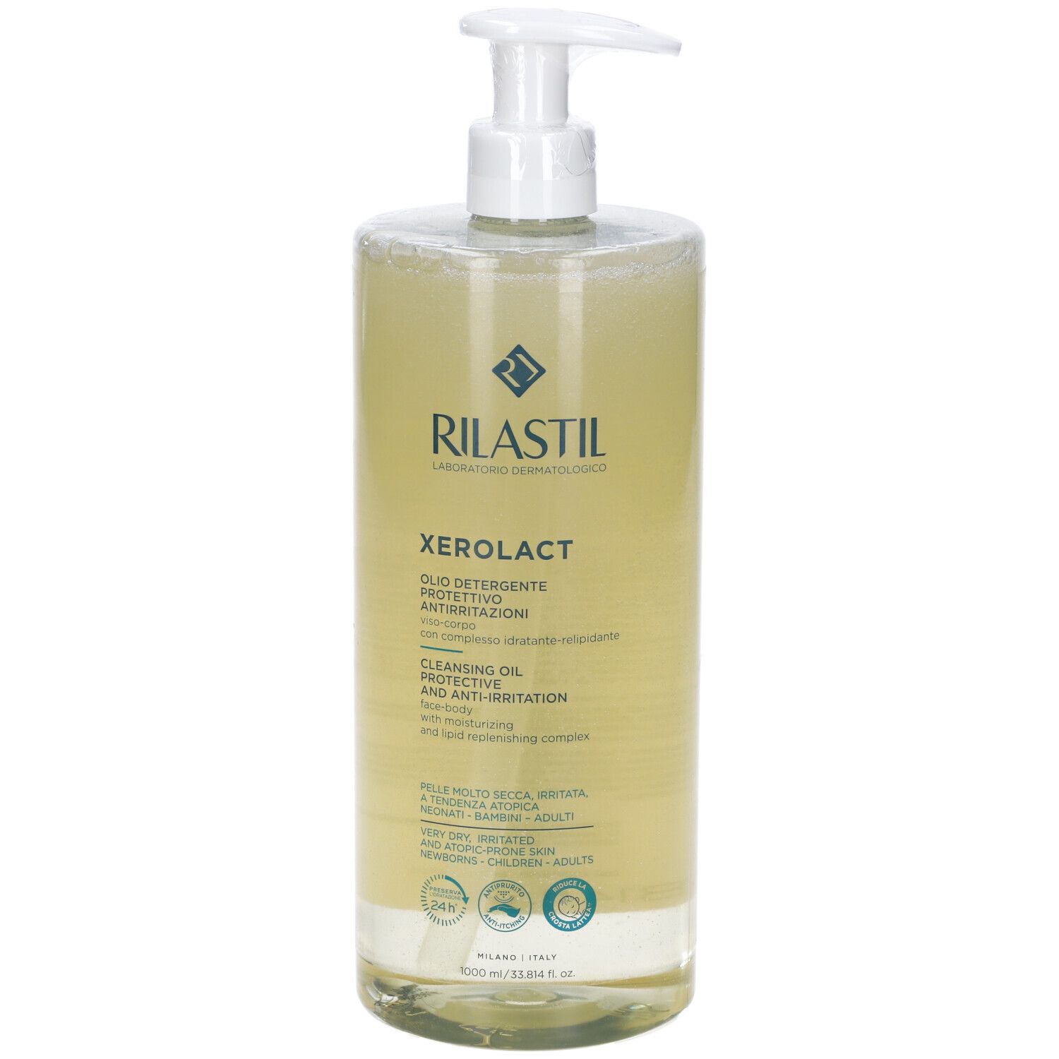 Rilastil Xerolact Olio Detergente. Flacone trasparente con dosatore bianco. Etichetta con testo e logo.