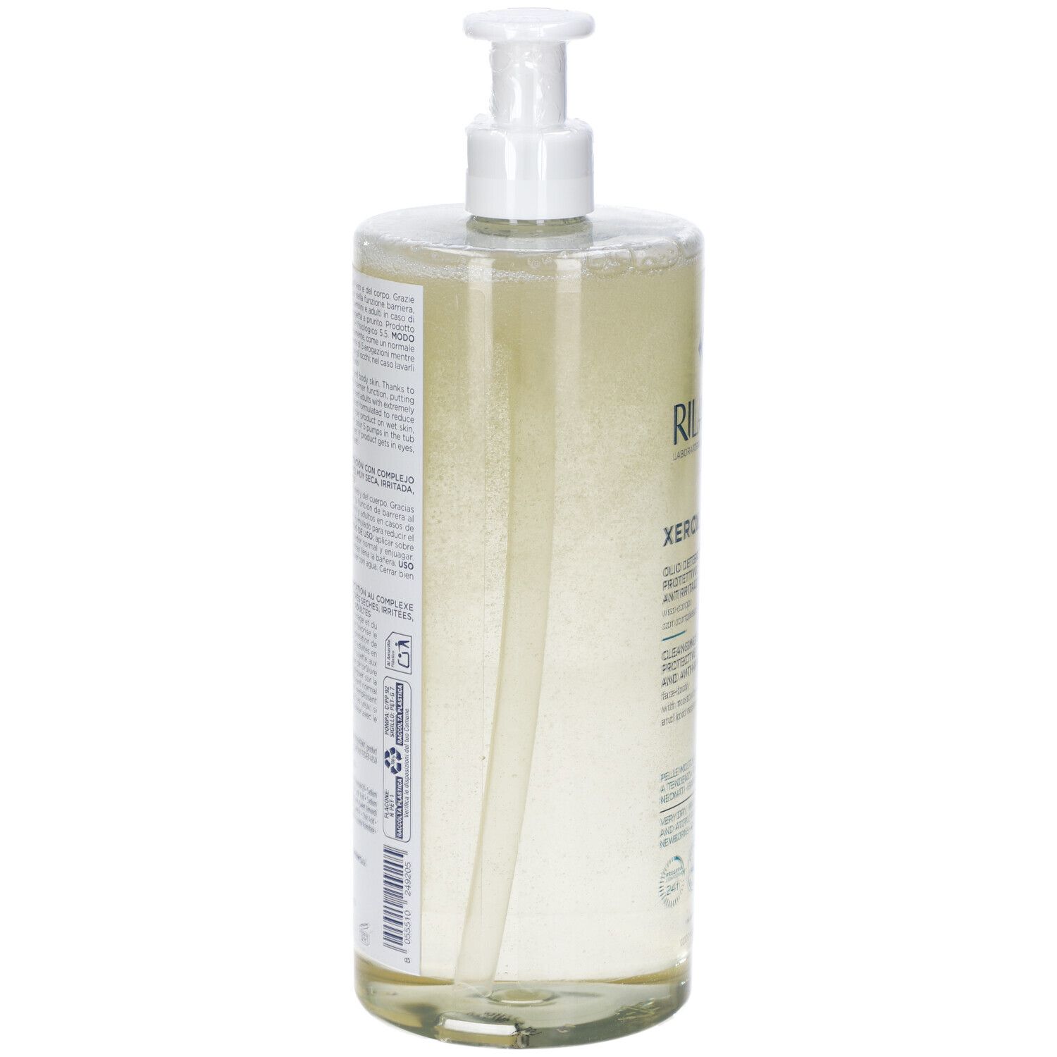 Rilastil Xerolact Olio Detergente. Retro del flacone. Etichetta con testo. Liquido trasparente visibile.