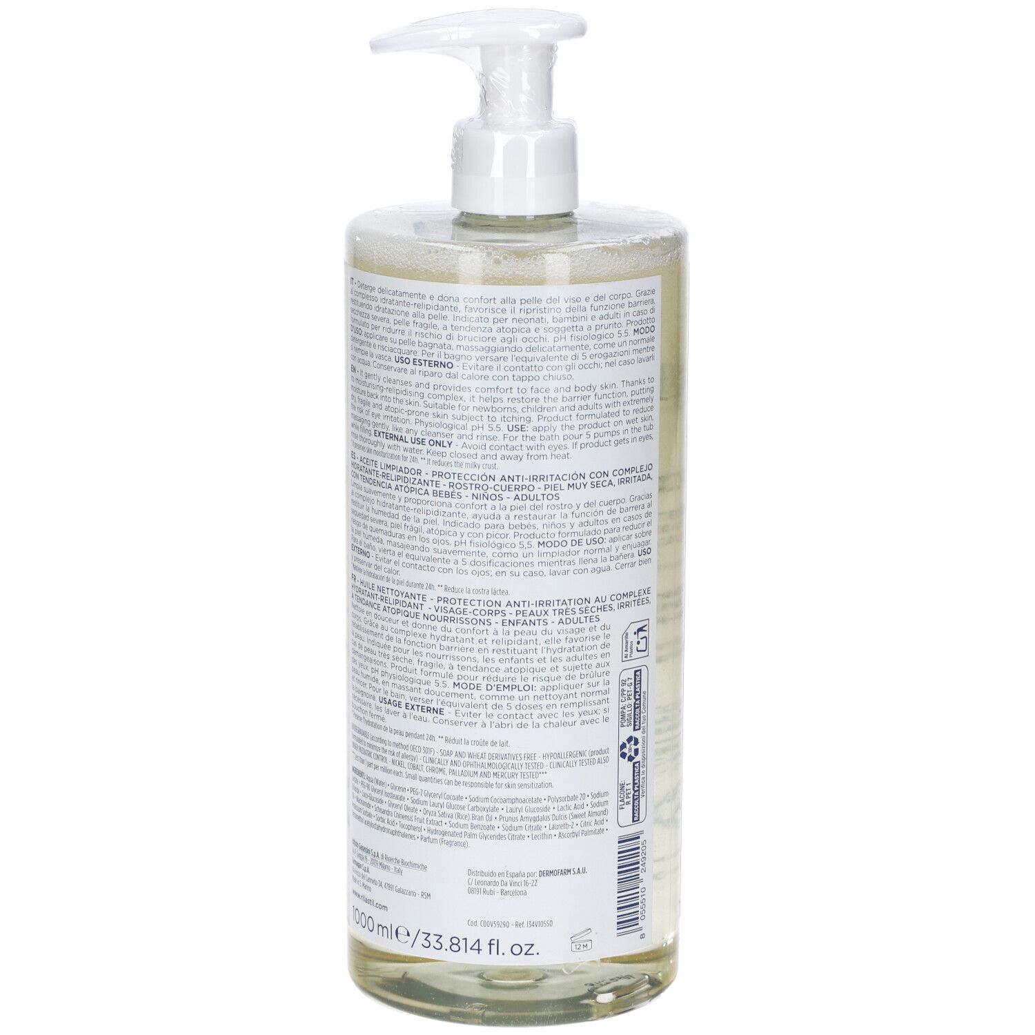 Rilastil Xerolact Olio Detergente. Retro del flacone. Etichetta con testo. Liquido trasparente visibile.