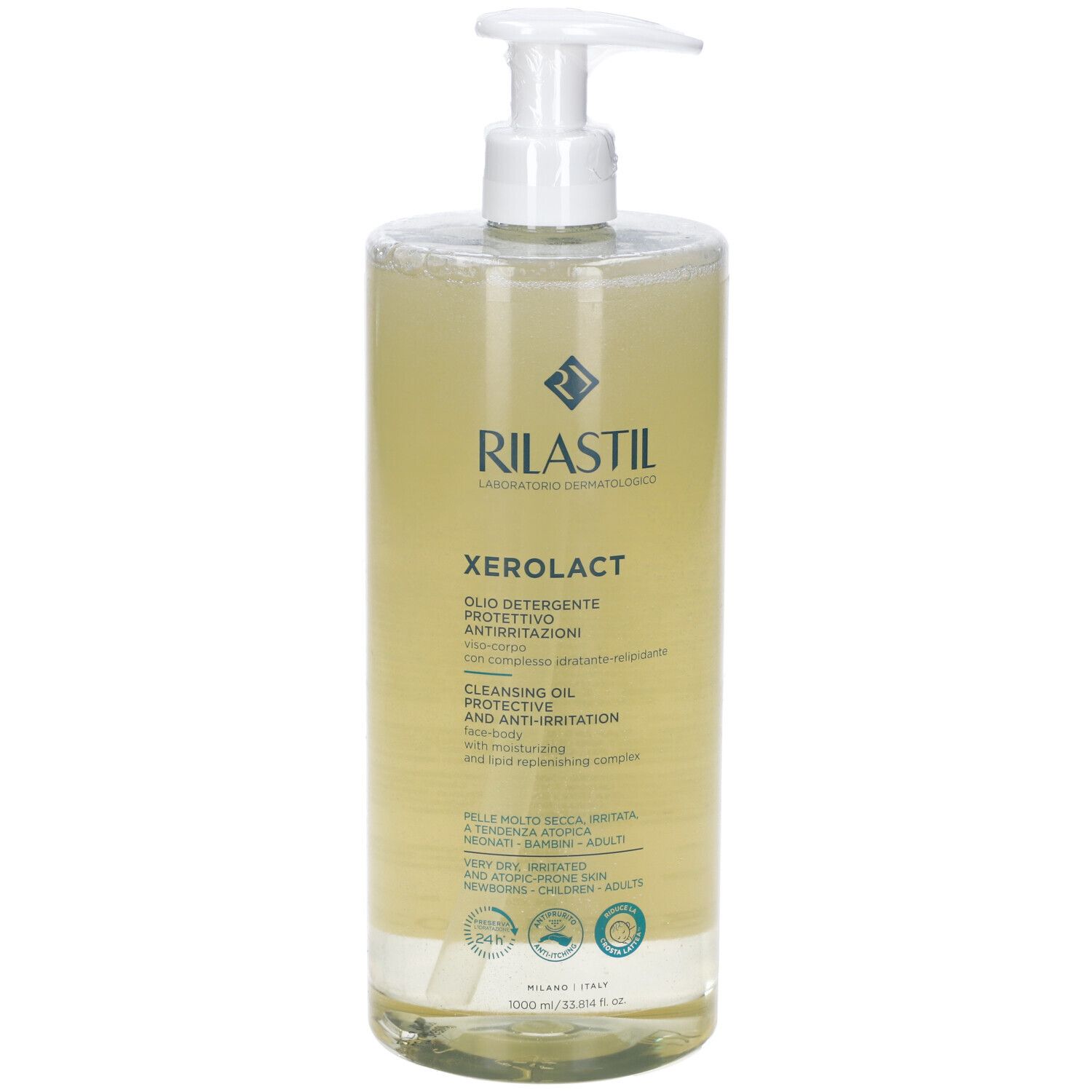 Rilastil Xerolact Olio Detergente. Flacone trasparente con dosatore bianco. Etichetta con testo e logo.