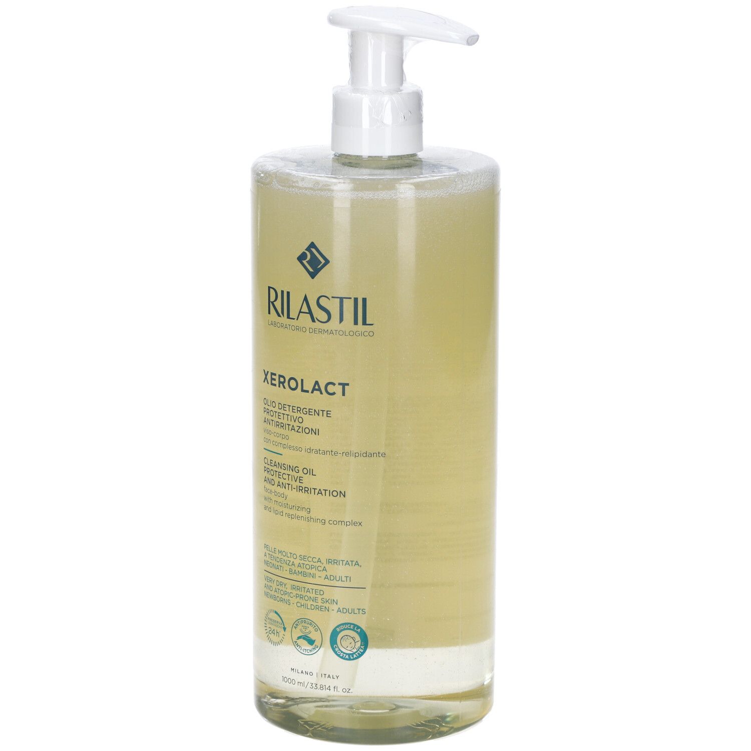 Rilastil Xerolact Olio Detergente. Flacone trasparente con dosatore bianco. Etichetta con testo e logo.