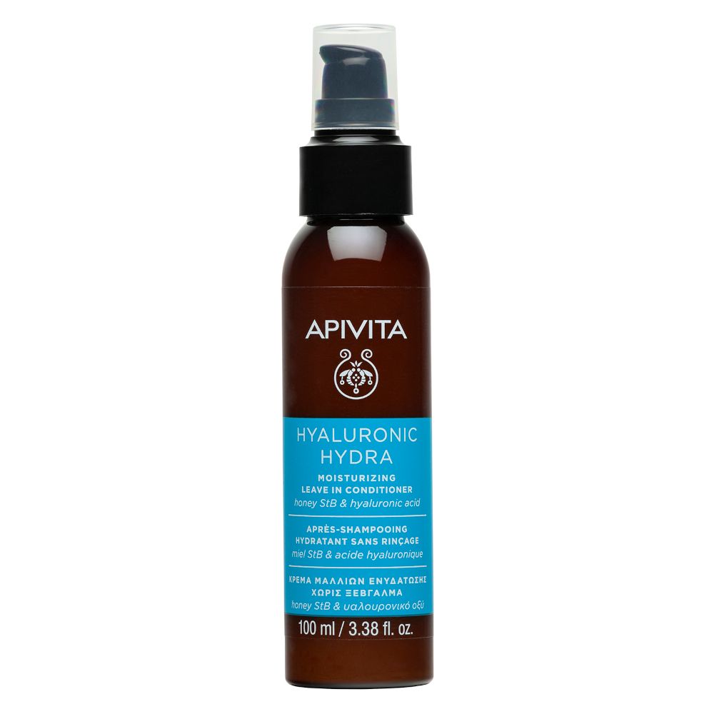 Flacone marrone con erogatore nero. Scritta: Apivita Hyaluronic Hydra. Etichetta blu con testo. 100 ml.