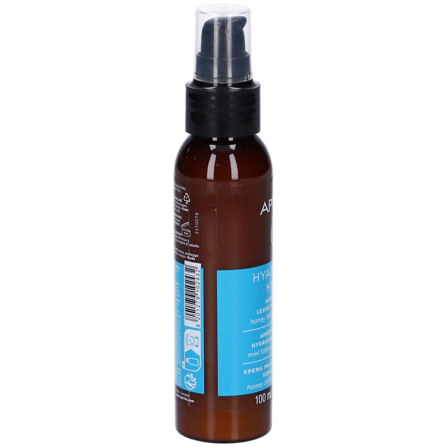 Flacone marrone con erogatore nero. Scritta: Apivita Hyaluronic Hydra. Testo su sfondo blu. Retro.