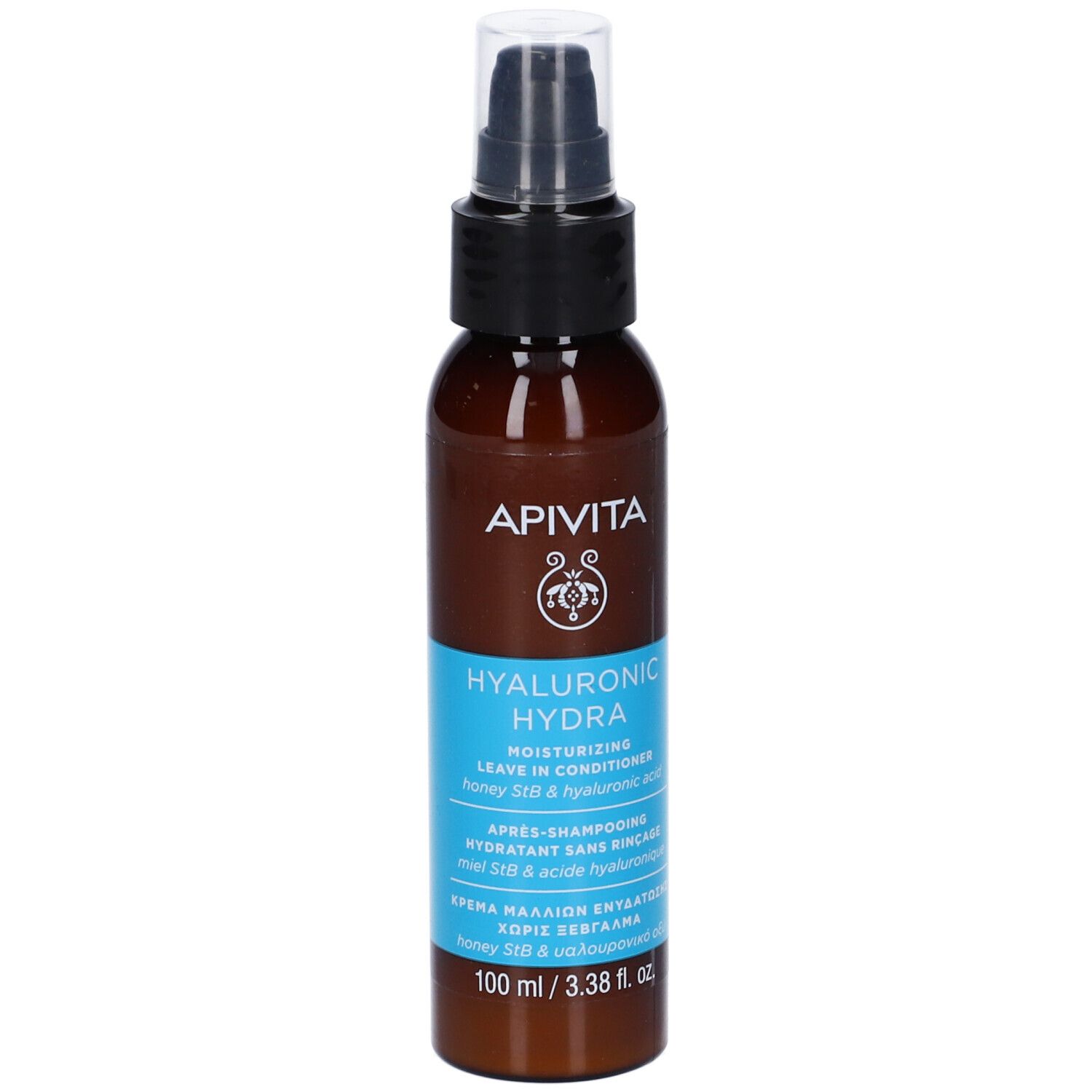 Flacone marrone con erogatore nero. Scritta: Apivita Hyaluronic Hydra. Testo su sfondo blu. 100 ml.