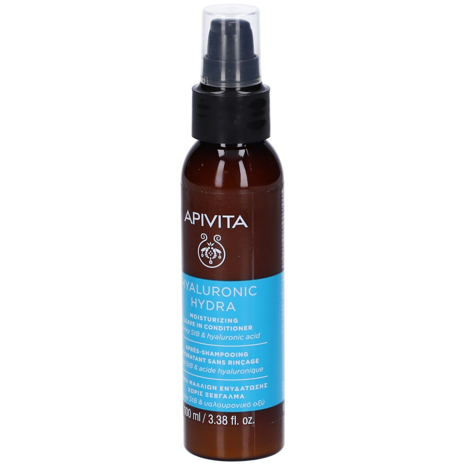 Flacone marrone con erogatore nero. Scritta: Apivita Hyaluronic Hydra. Testo su sfondo blu. 100 ml.