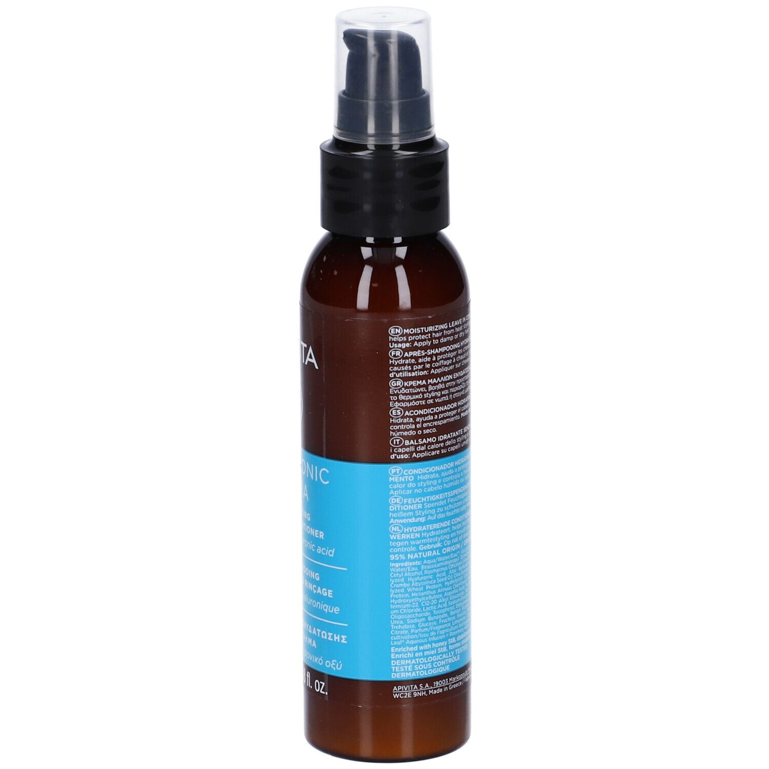 Flacone marrone con erogatore nero. Scritta: Apivita Hyaluronic Hydra. Testo su sfondo blu. 100 ml.