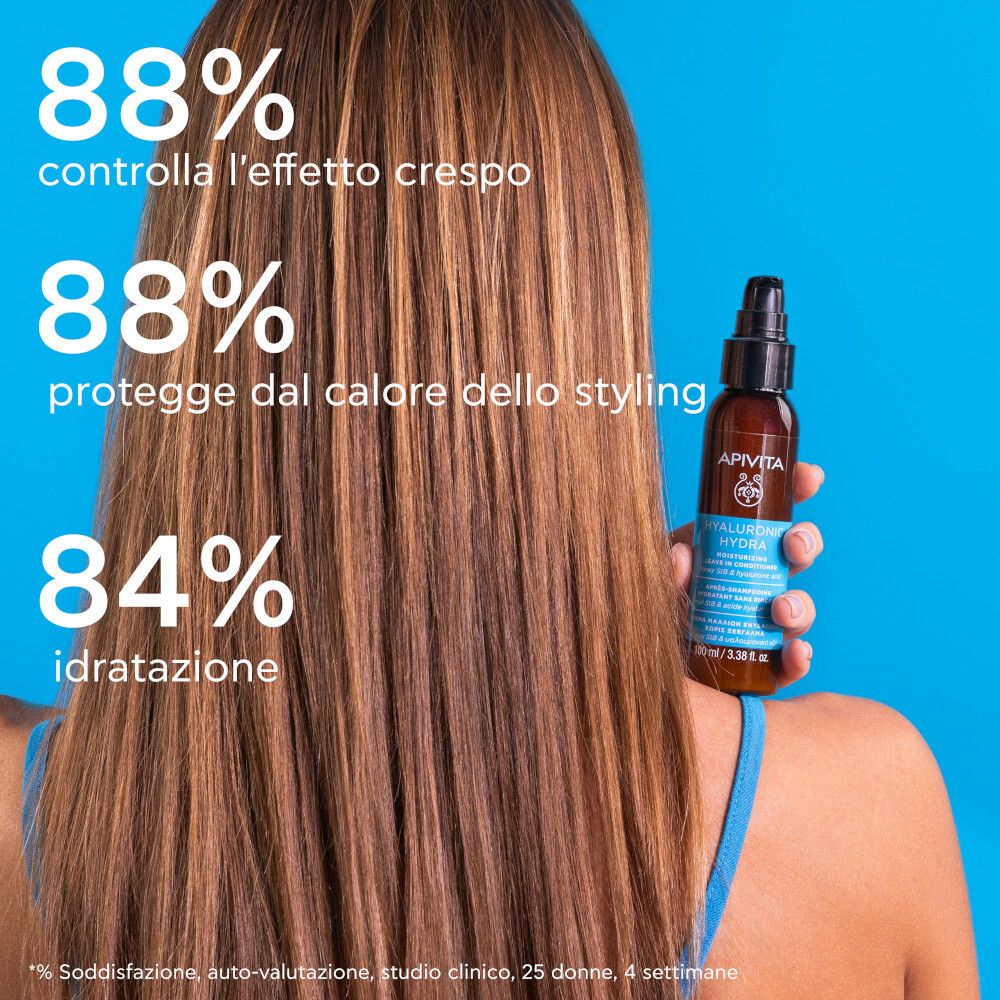 Vista posteriore di una donna con lunghi capelli castani. Flacone con scritta: Apivita Hyaluronic Hydra. Testo su sfondo blu.