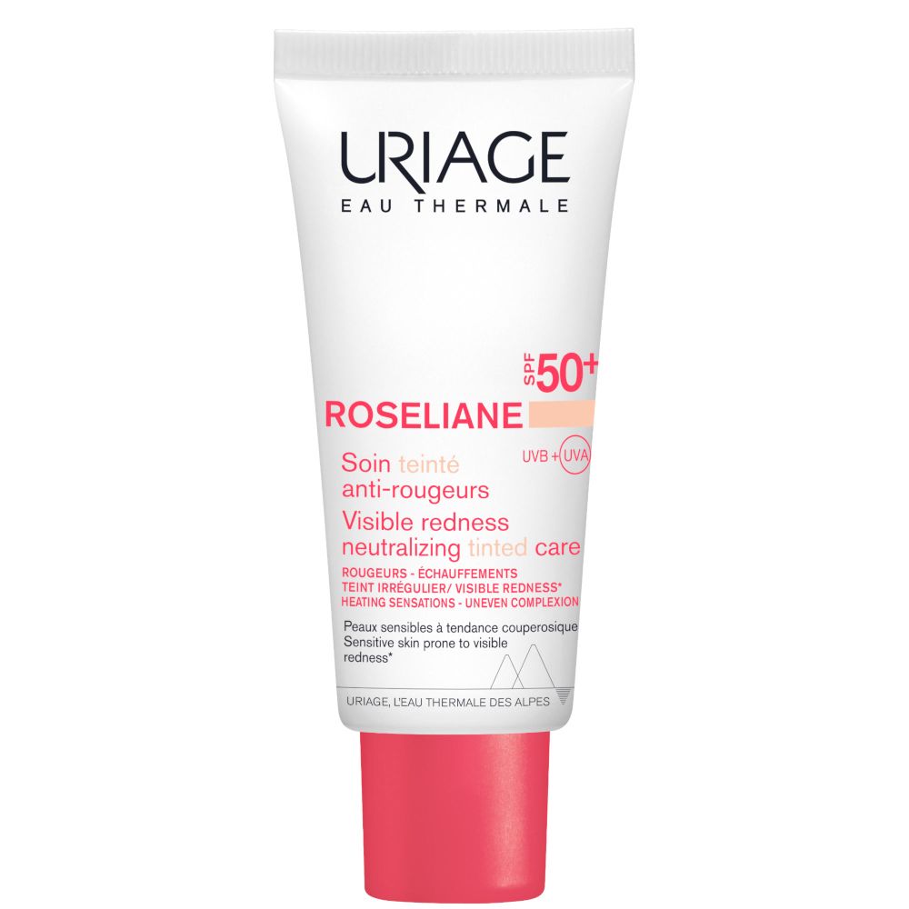 Tubo Uriage Roséliane CC Crema. Tubo bianco, tappo rosa. Testo e logo. SPF 50+.