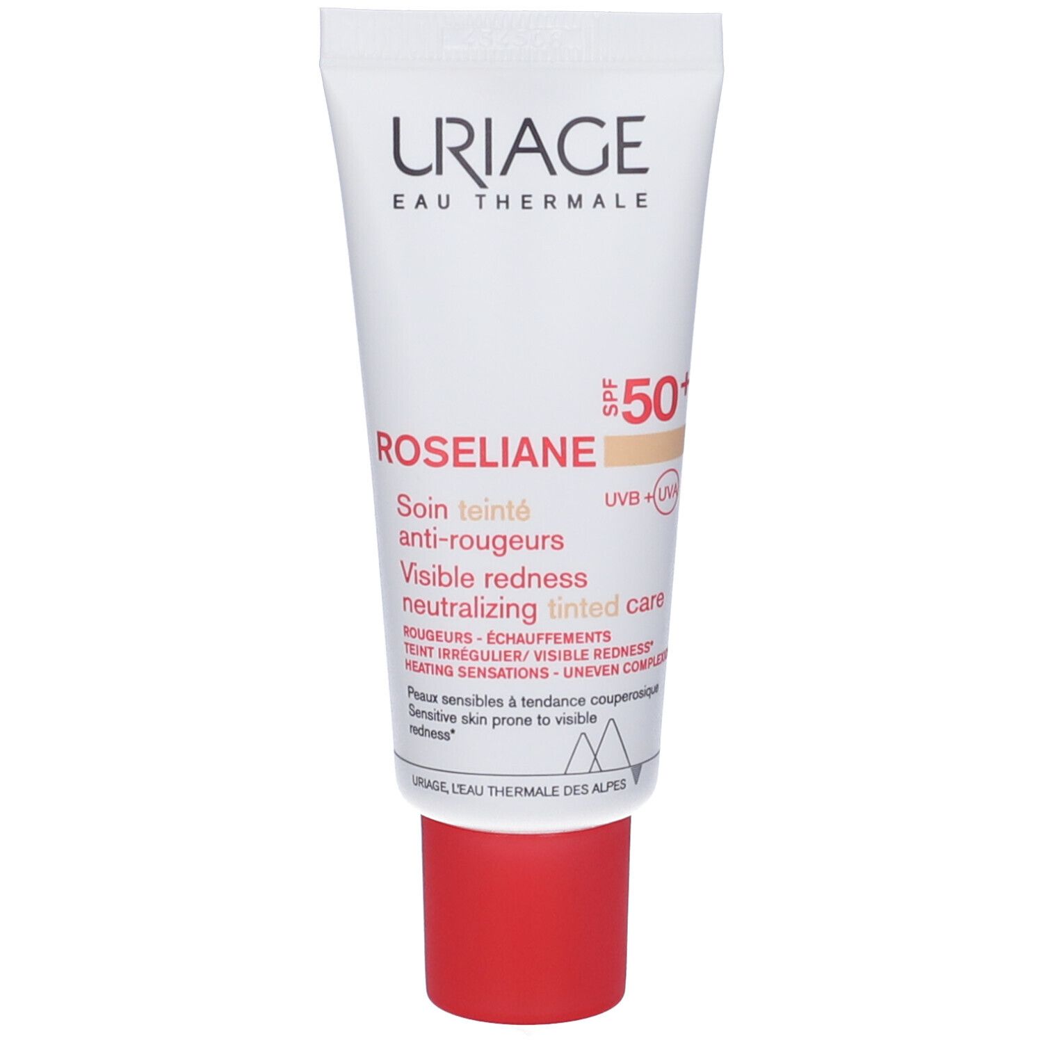 Tubo Uriage Roséliane CC Crema. Tubo bianco, tappo rosso. Testo e logo. SPF 50+.
