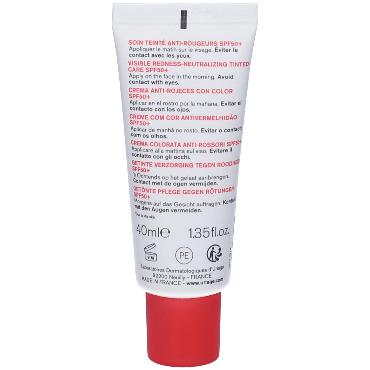 Retro del tubo Uriage Roséliane CC Crema. Testo multilingue. 40ml, 1.35 fl.oz.