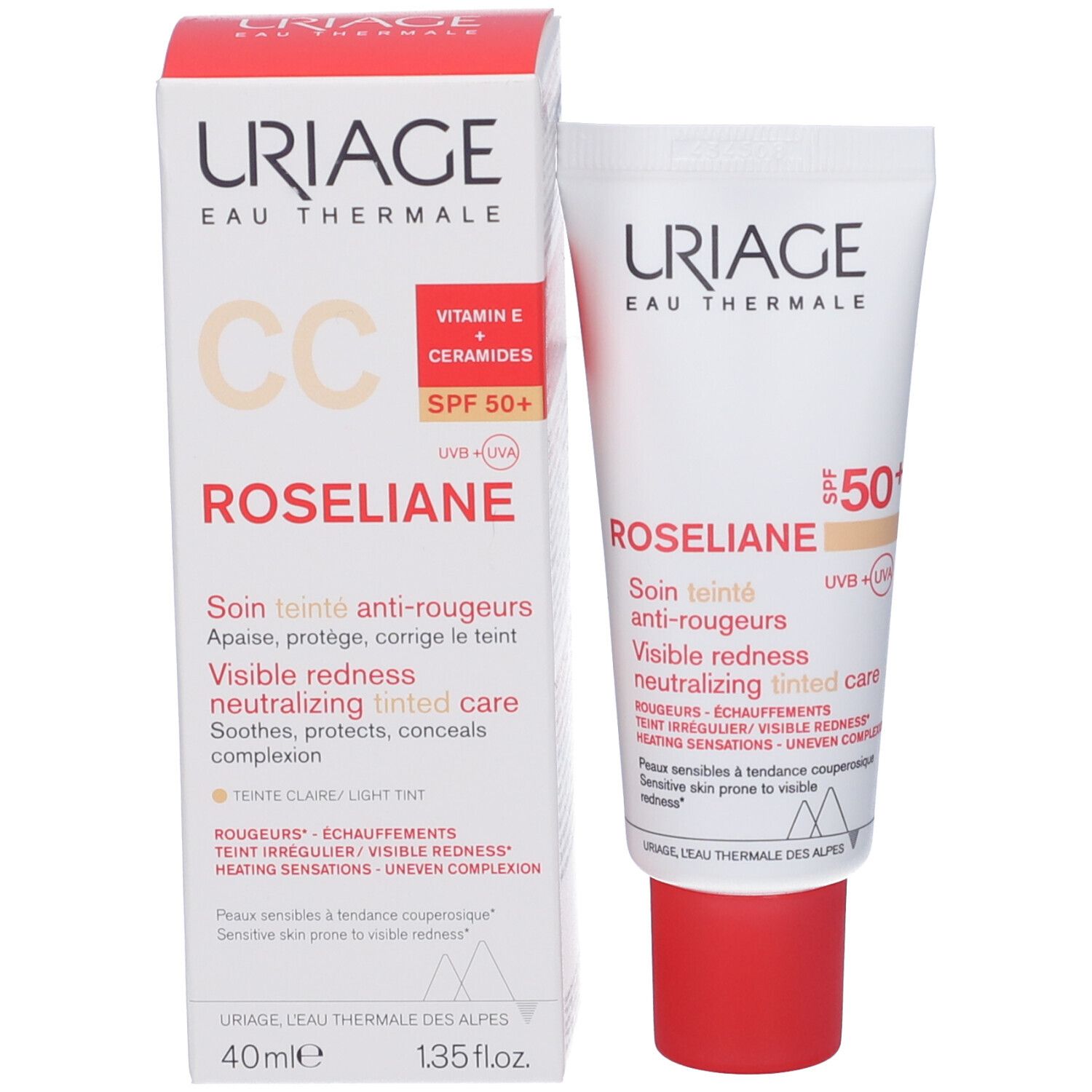 Uriage Roséliane CC Crema e confezione. Testo: Vitamina E + Ceramidi, SPF 50+.