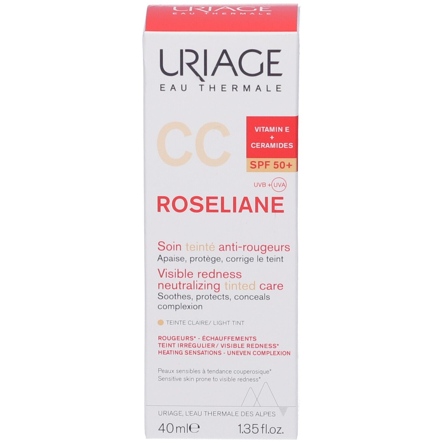 Confezione Uriage Roséliane CC Crema. Testo: Vitamina E + Ceramidi, SPF 50+.