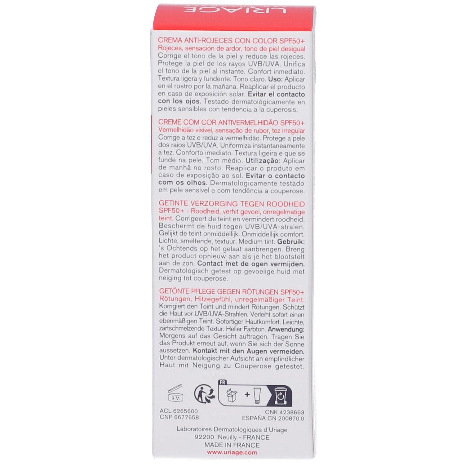 Retro della confezione Uriage Roséliane CC Crema. Testo multilingue.