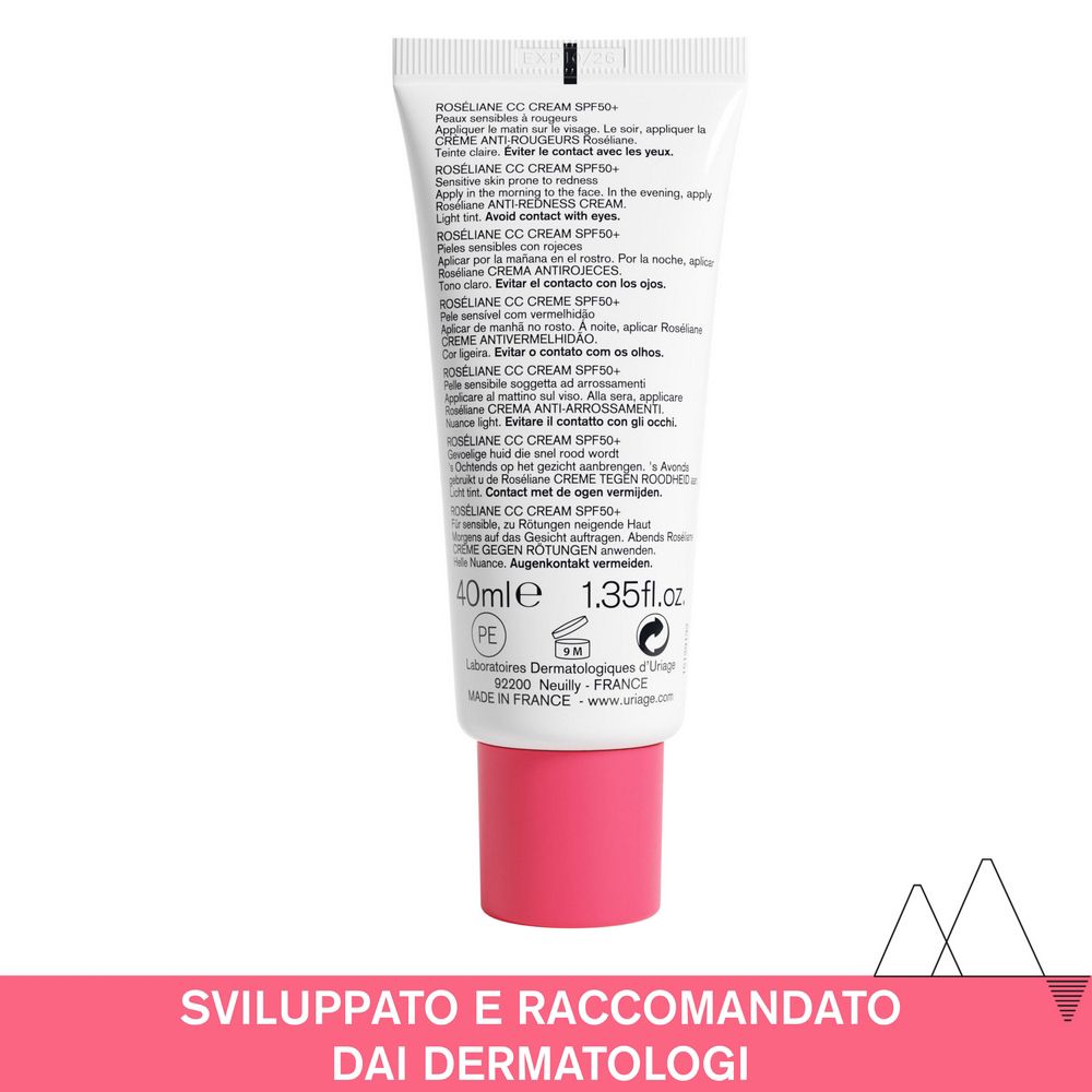 Retro del tubo Uriage Roséliane CC Crema. Testo multilingue. 40ml, 1.35 fl.oz.