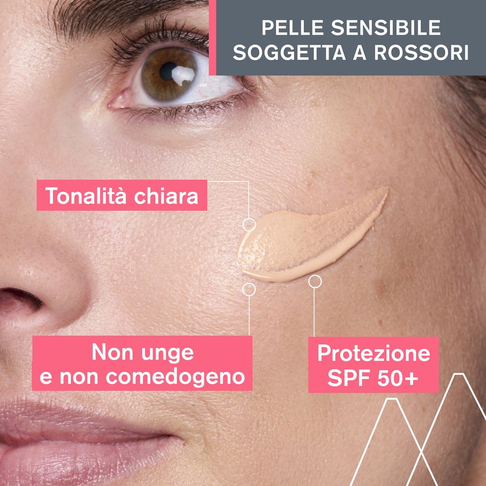 Viso con crema applicata. Testo: Tonalità chiara, Non unge e non comedogeno, Protezione SPF 50+.