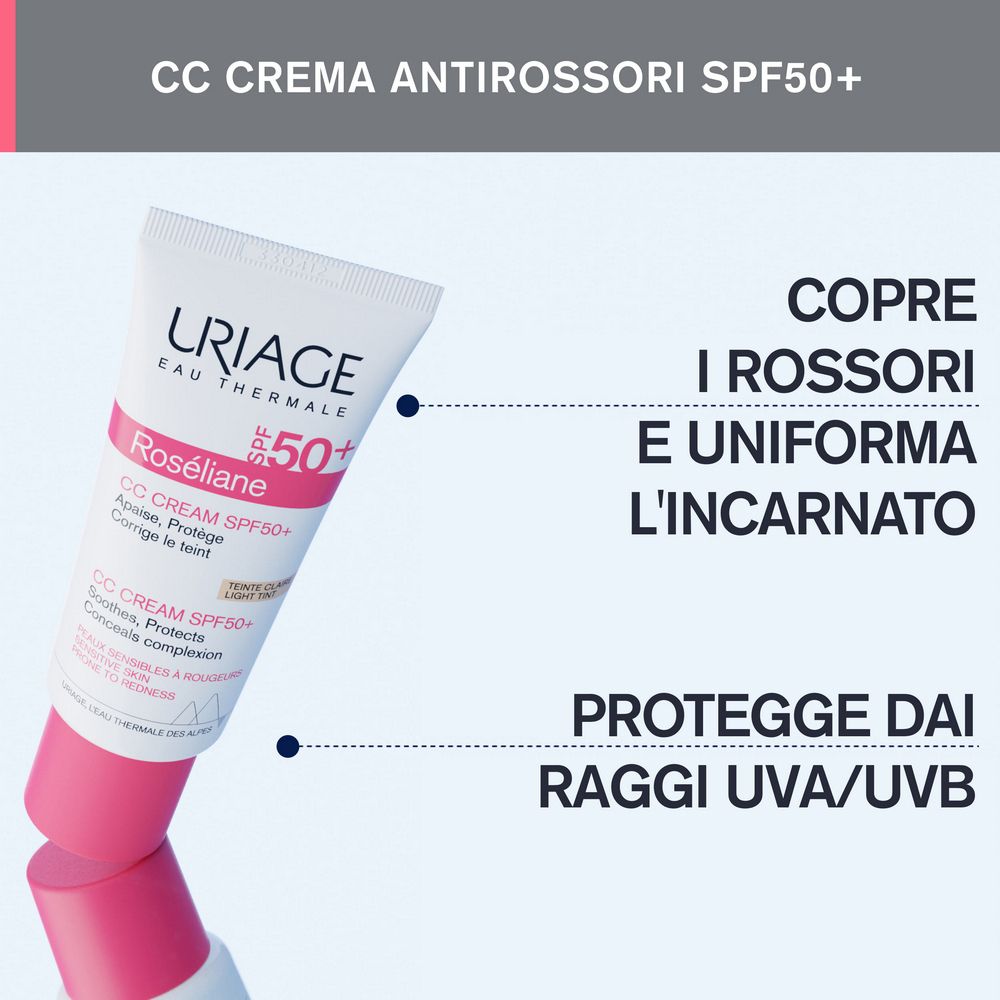 Tubo Uriage Roséliane CC Crema. Testo: CC Crema Antirossoi SPF50+. Copre i rossori e uniforma l'incarnato.