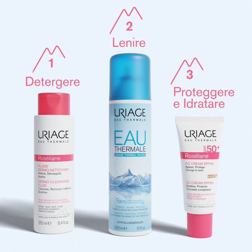 Tre prodotti Uriage. Roséliane Fluido Dermo-Nettoyant, Eau Thermale, Roséliane CC Crema SPF50+.