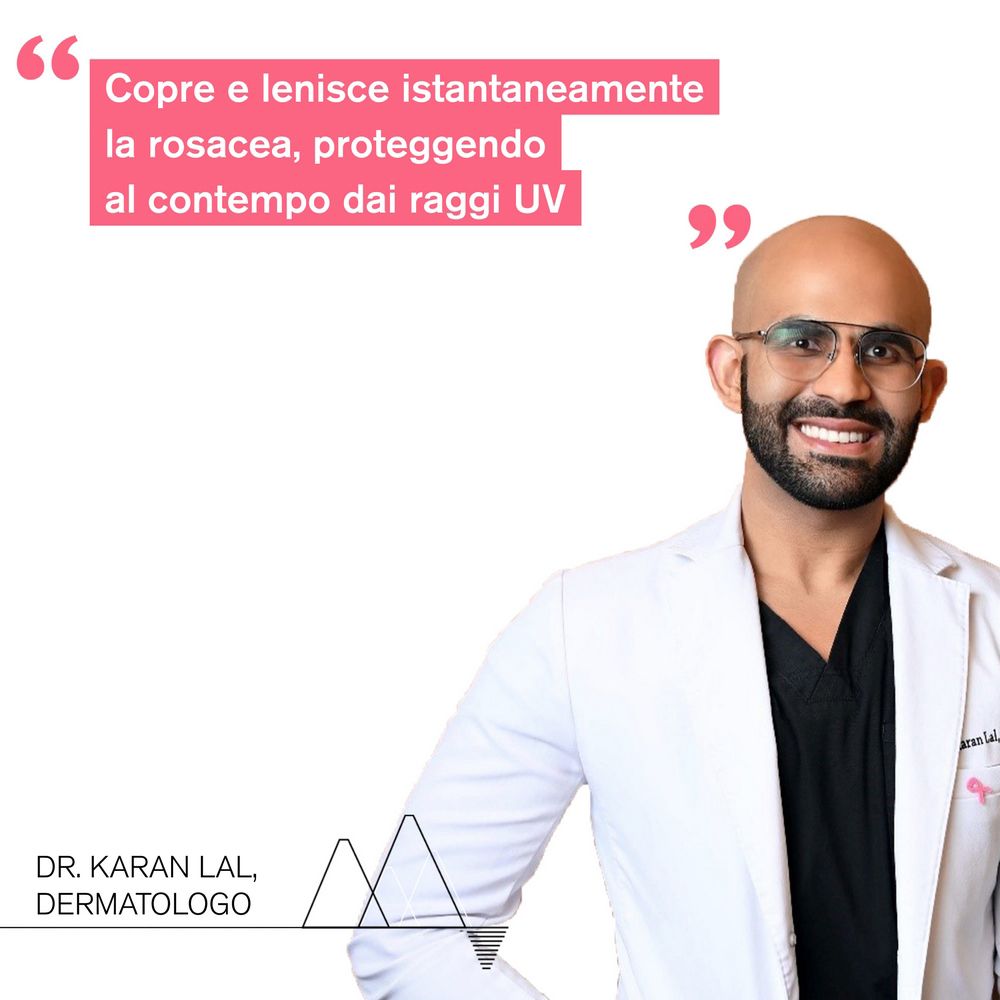 Medico che parla. Testo: Copre e lenisce istantaneamente la rosacea, proteggendo dai raggi UV.