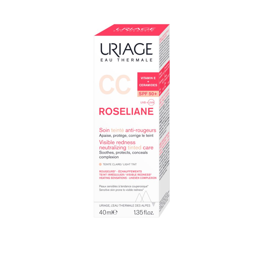 Confezione Uriage Roséliane CC Crema. Testo: Vitamina E + Ceramidi, SPF 50+.