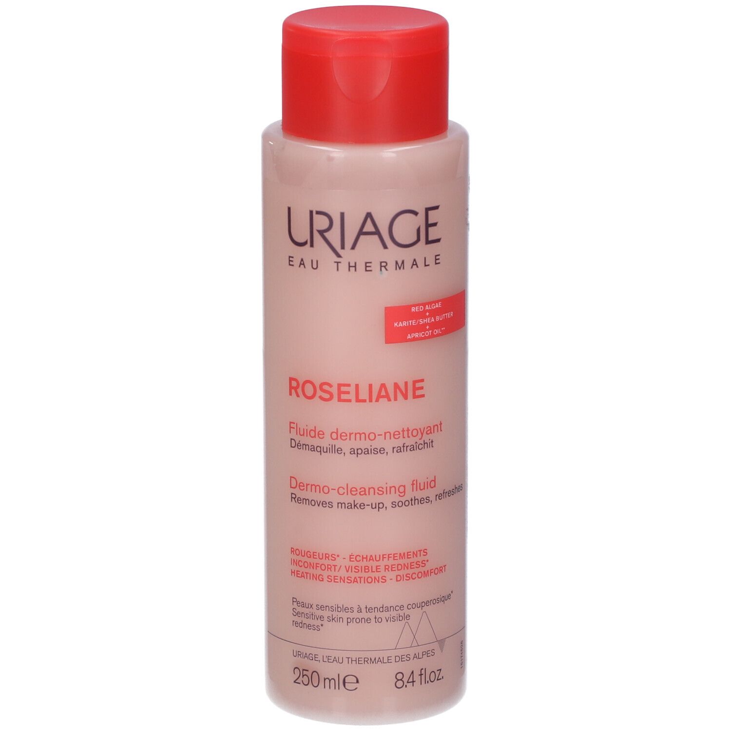 Uriage Roséliane Fluido dermo-detergente. Flacone con tappo rosso. Contiene 250 ml. Testo: Dermo-detergente, rimuove il trucco, lenisce, rinfresca.