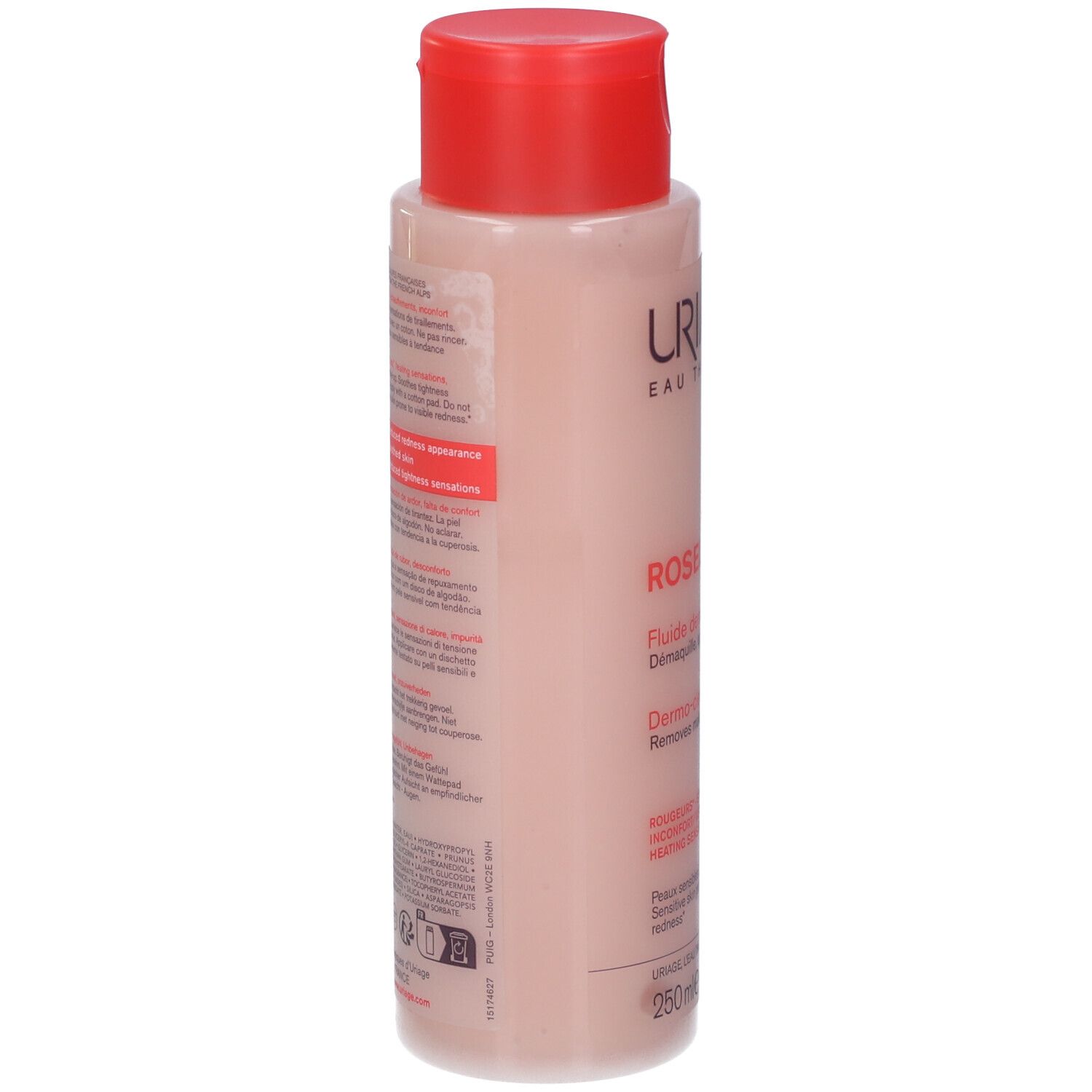Retro del flacone Uriage Roséliane. Testo multilingue.