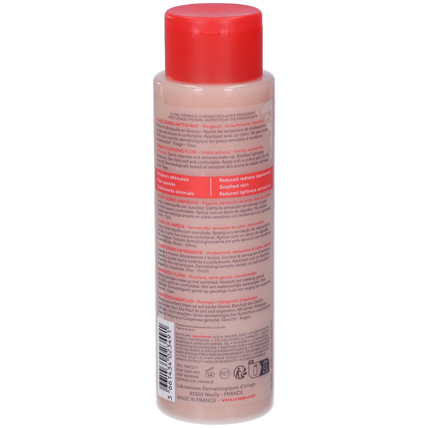Retro del flacone Uriage Roséliane. Testo multilingue.
