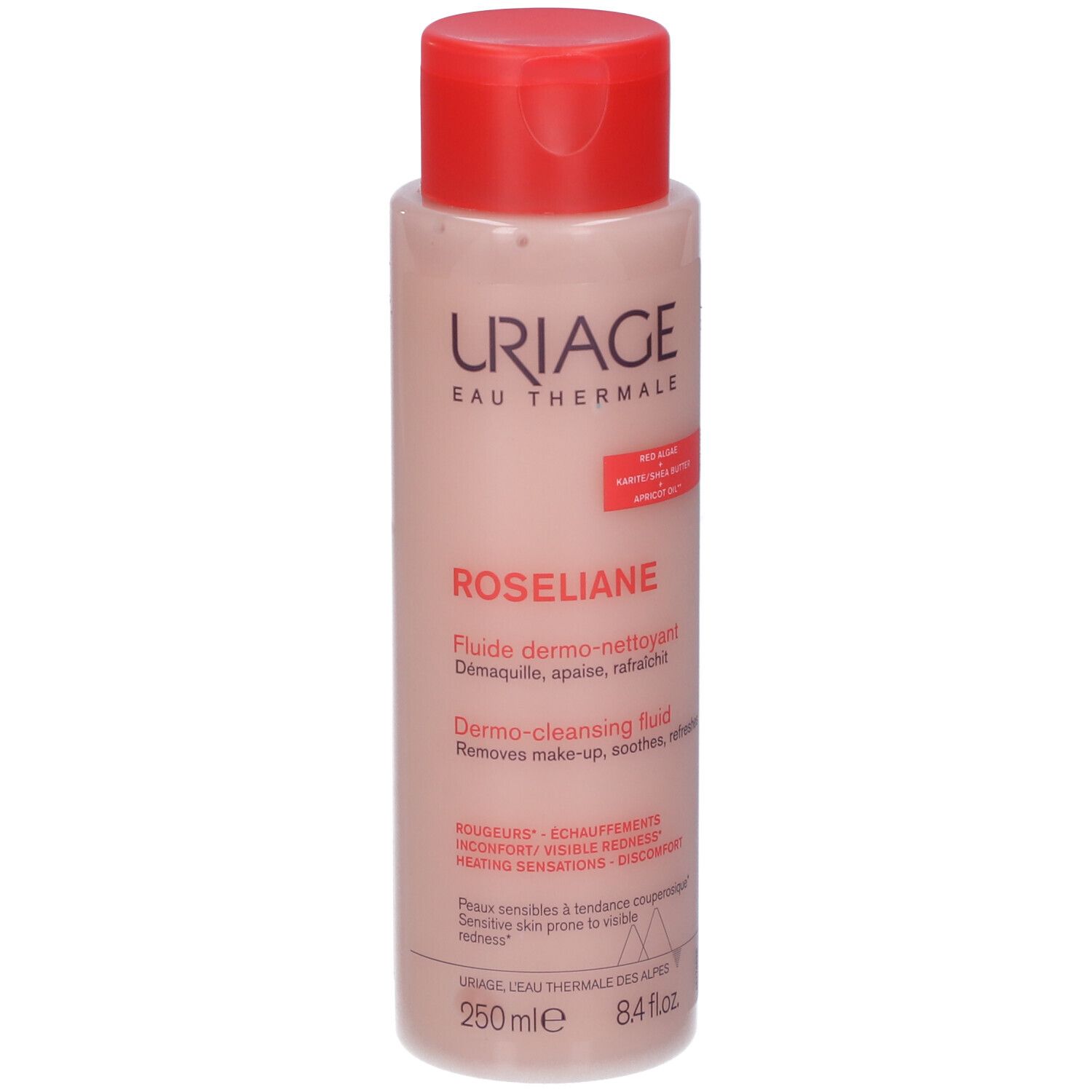 Uriage Roséliane Fluido dermo-detergente. Flacone con tappo rosso. Contiene 250 ml. Testo: Dermo-detergente, rimuove il trucco, lenisce, rinfresca.