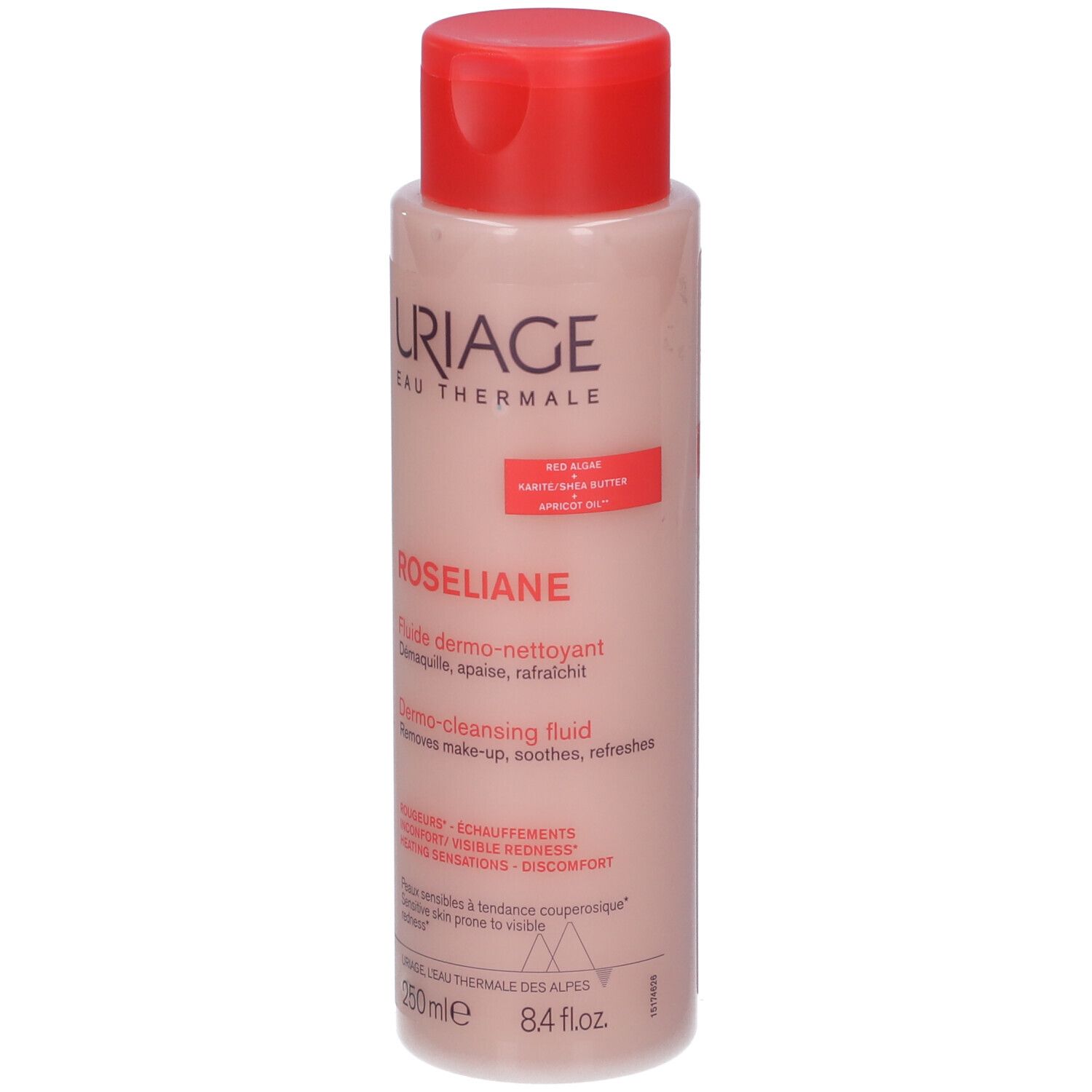 Uriage Roséliane Fluido dermo-detergente. Flacone con tappo rosso. Contiene 250 ml. Testo: Dermo-detergente, rimuove il trucco, lenisce, rinfresca.