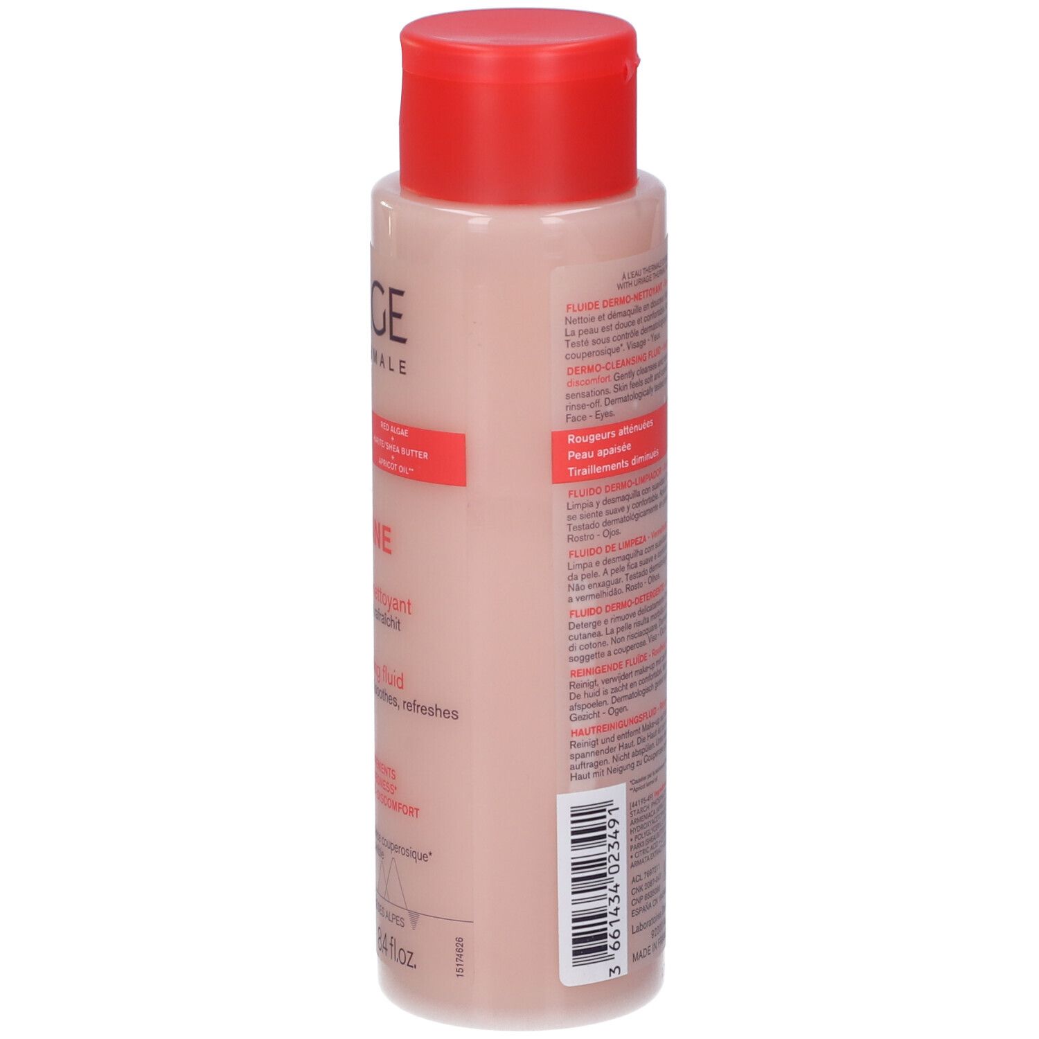 Retro del flacone Uriage Roséliane. Testo multilingue.