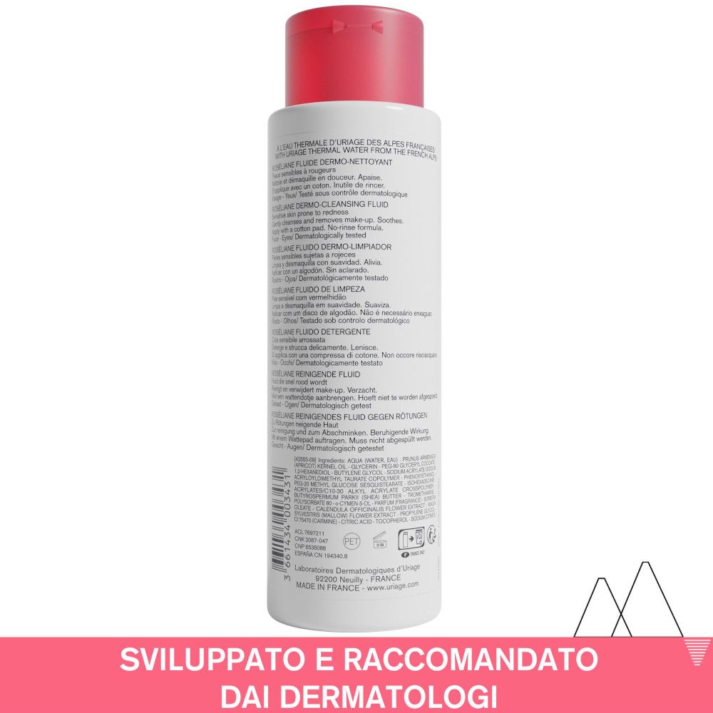 Retro del flacone Uriage Roséliane. Testo multilingue. Scritta: Sviluppato e raccomandato dai dermatologi.