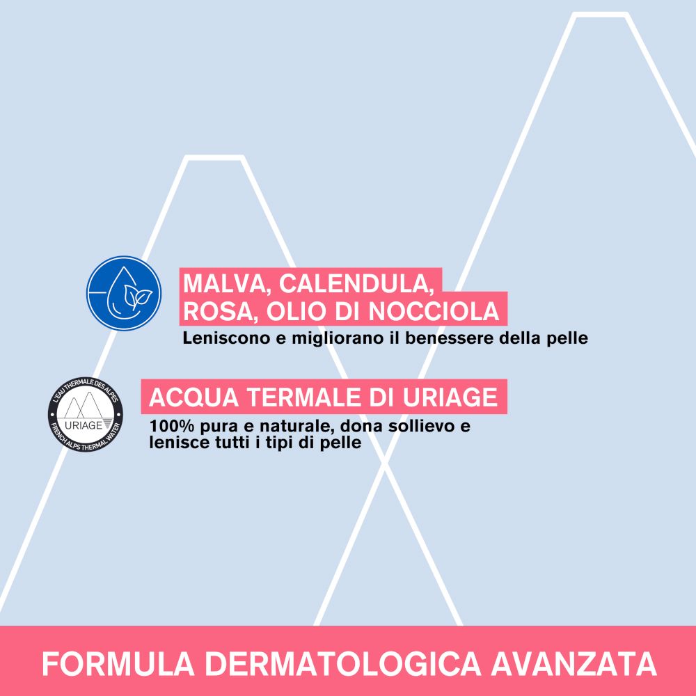 Testo: Malva, Calendula, Rosa, Olio di Nocciola. Acqua Termale Uriage. Formula dermatologica.