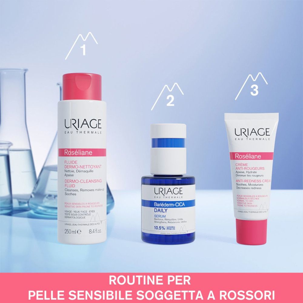 Tre prodotti Uriage: Fluido dermo-detergente Roséliane, Siero Bariéderm-CICA Daily, Crema Roséliane anti-rossore.