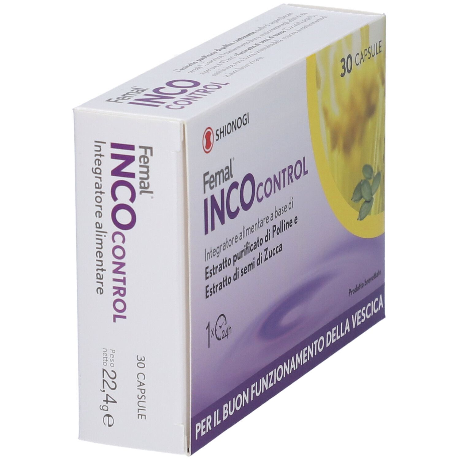 Femal INCOcontrol-Schachtel, schräg. Aufschrift: 30 Kapseln. Enthält Pollen- und Kürbiskernextrakt. Marke Shionogi.